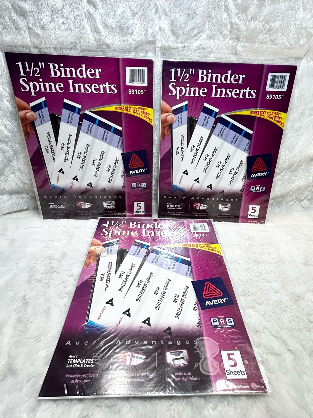 LOT of 3 Avery 89105 Binder Spine Inserts 1 1/2" Wide 5 Inserts Per Pack White